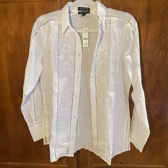 J.Crew Garçon Classic Shirt Eyelet 100% Linen Button-Up White Sz 4 Boho Western - Picture 8 of 12
